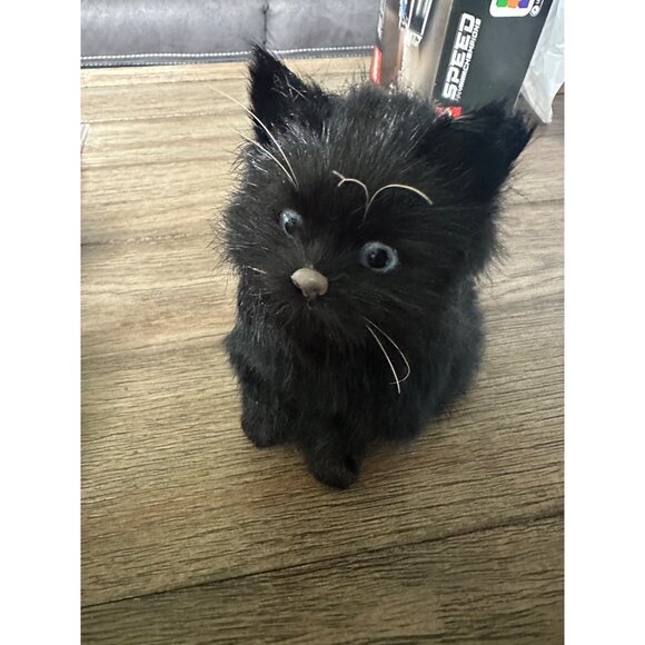 Realistic Black Furry Cat Figurine With Blue Eyes rabbit fur - Picture 2 of 2